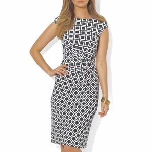 Lauren Ralph Lauren Blue White Geometric Print Twist Knot Jersey Dress Size 12